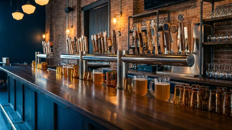 Tap handles and amber glassware on a polished bar in a brick taproom, How to Get a Liquor License in Missouri
