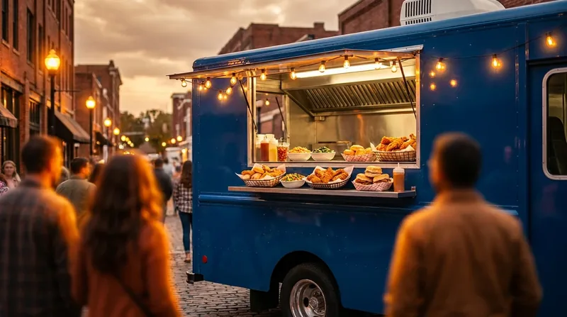 Food truck serving window at a lively brick street spot, How to Start a Food Truck Business in Missouri