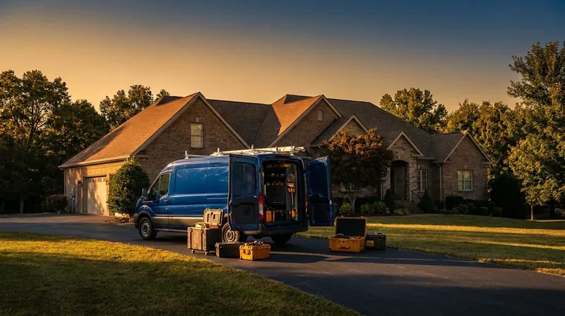 Service van with equipment cases outside a brick suburban home at golden hour, How to Start a Locksmith Business in Missouri