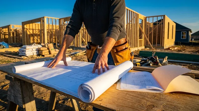 Contractor reviewing blueprints at a framed residential jobsite, How to Start a Roofing Business in Missouri