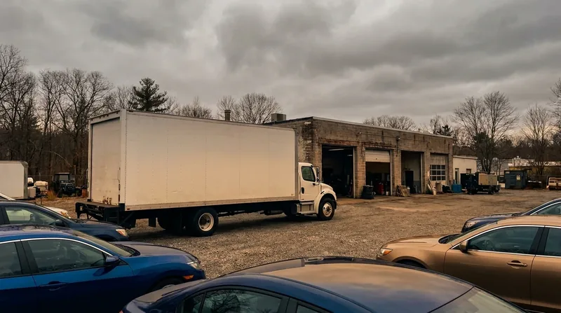 Box truck and parked cars outside a small auto business lot under an overcast sky, How to Start a Used Car Dealership in Missouri