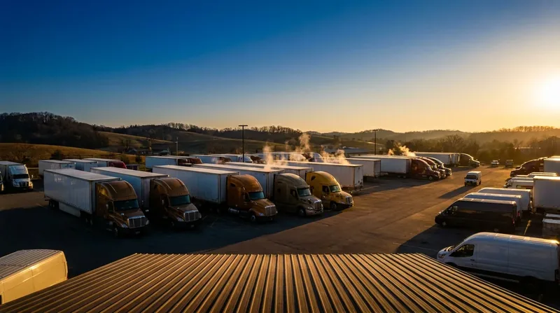 Box trucks and semis at a logistics yard at sunrise, How to Start a NEMT Business in Missouri